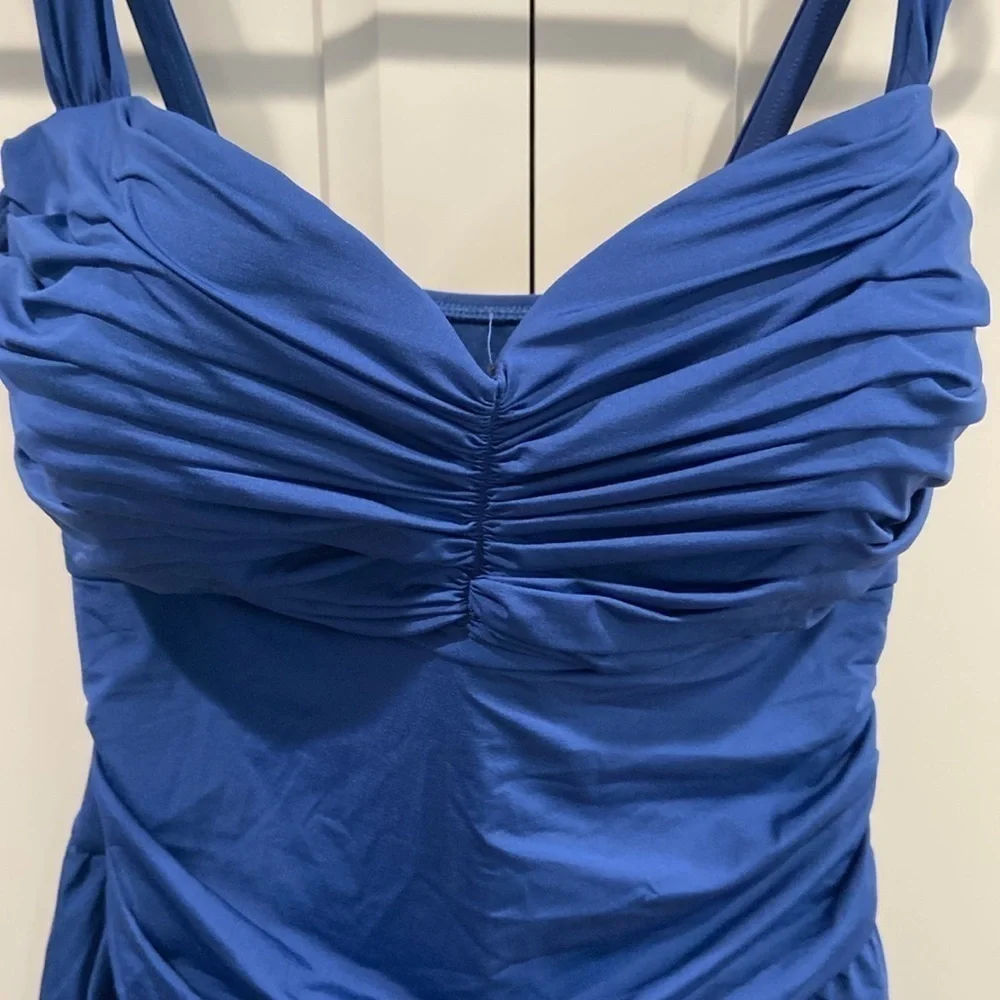 NWT Bleu by Rod Beattie Underwire Ruched One-Piece Swim Dress Swimsuit Blue16W